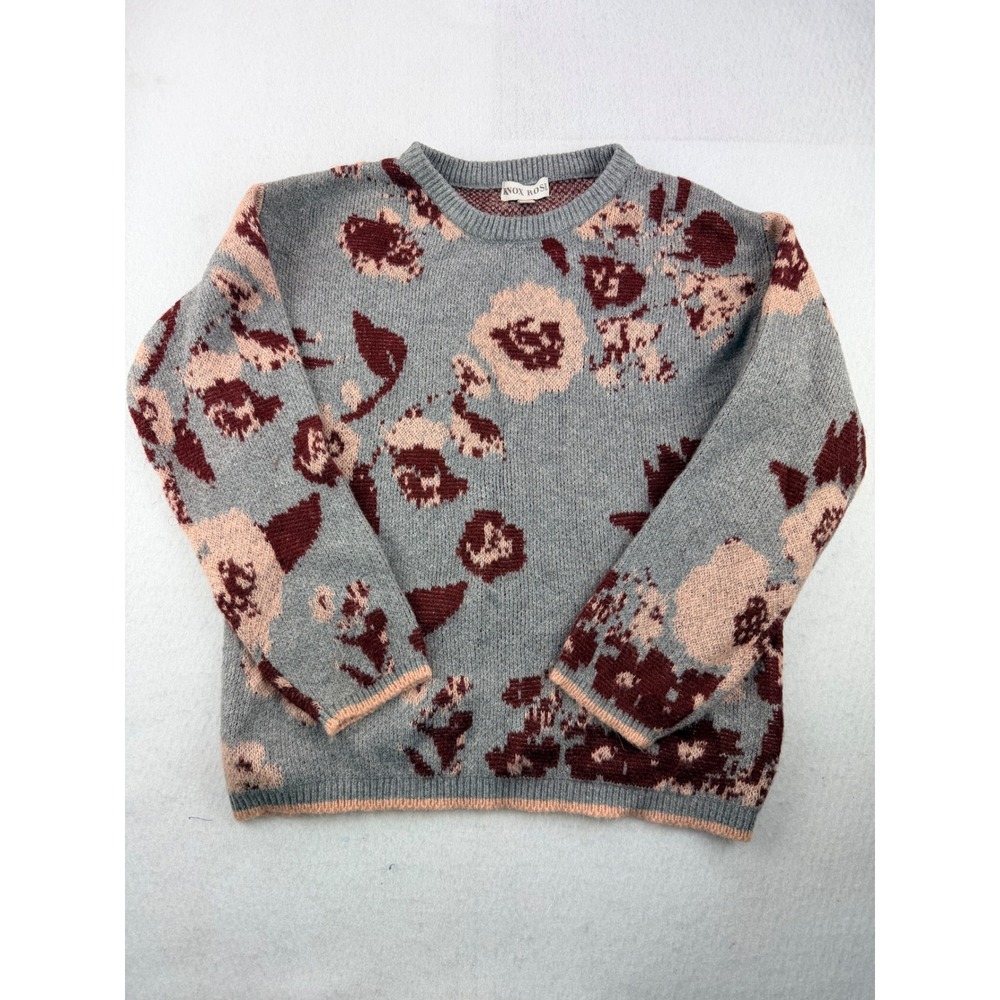 Knox Rose Womens Floral Knit Sweater Grey Burgundy Pink Crewneck Pullover Medium